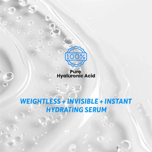 Clear serum texture with bubbles, text highlights 100% pure hyaluronic acid, hydrating serum