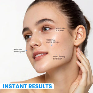 Woman with glowing skin demonstrates Safrin Skin Care serum benefits like hydration and fine line reduction.