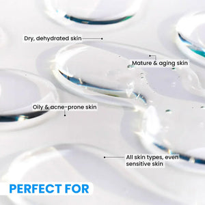 Serum texture close-up with text noting benefits for dry, oily, aging, and sensitive skin types.