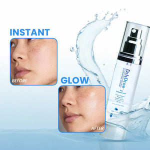 Before and after of woman using Safrin Skin Care Defyderm Hydrating Serum for glowing skin