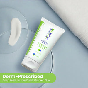 Safrin Skin Care moisturizer tube on blue background with lotion swatch and towel, for dry skin