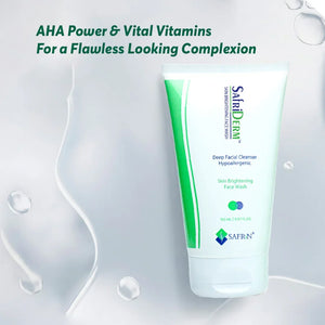 SafriDERM skin brightening face wash tube with AHA power and vitamins on a light background