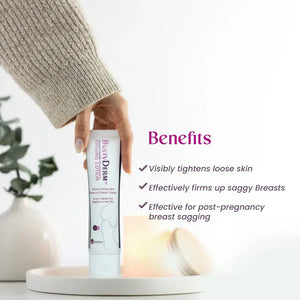 Hand holding Safrin BustyDerm Firming Lotion with benefits for tightening and firming skin displayed