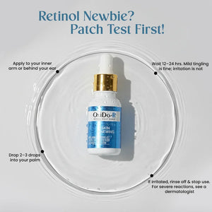 Oxido-R retinol serum bottle on water background with patch test instructions, Safrin Skin Care