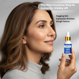 Woman holding Safrin Skin Care OxiDo-Lift serum, promoting visible skin lift for aging and wrinkles