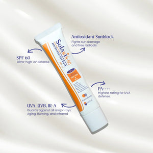 Safrin Solarin SPF 60 antioxidant sunblock tube with UVA, UVB, IR-A, PA++++ protection on light background