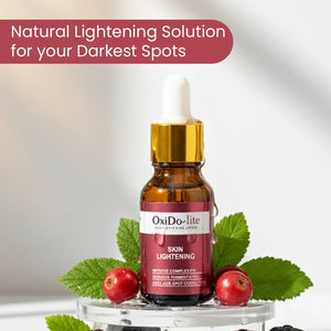 OxiDo-lite skin lightening serum by Safrin Skin Care with berries and leaves on display