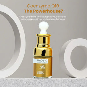 Safrin Skin Care OxiDo-Q Coenzyme Q10 Anti Aging serum gold bottle for firm, youthful skin