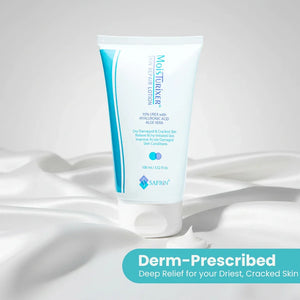 Safrin Moisturizer Skin Repair Lotion tube with aloe vera and urea on silky white background.