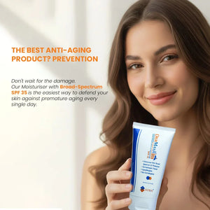 Woman holding Safrin Skin Care DermaKit moisturizer SPF 35, anti-aging skincare product featured.