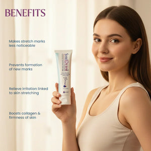 Woman holding Safrin Skin Care StriDerm cream, benefits for stretch marks shown beside her.