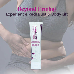 Safrin Skin Care BustyDerm firming lotion for bust and body, shown with a woman in activewear.