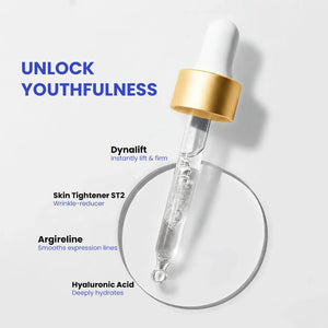 Safrin Skin Care serum dropper with gold cap showing anti-aging ingredients for youthful skin