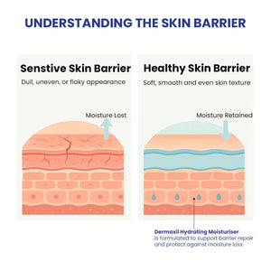 Comparison infographic of sensitive vs healthy skin barrier showing moisture loss and retention, featuring Safrin Skin Care Dermaxil Hydrating Moisturiser.