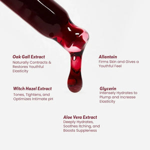 Close-up of a serum dropper with red liquid, listing Safrin Skin Care serum ingredients: Oak Gall Extract, Witch Hazel Extract, Aloe Vera Extract, Allantoin, and Glycerin.