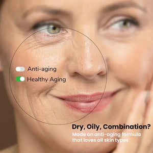 Close-up of mature woman’s face highlighting healthy aging skincare, text for all skin types.