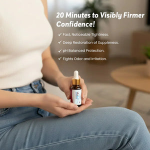 Woman holding Safrin Skin Care serum bottle, product benefits listed for firmer, pH balanced skin.