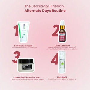 Safrin Skin Care sensitivity-friendly routine with Safriderm Facewash, Oxido Lite Serum, Oxiderm Snail 96 Mucin Cream, and Mattshield on pink background.