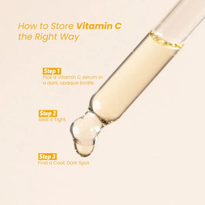 Vitamin C serum dropper with storage tips, Safrin Skin Care guide for skincare preservation.