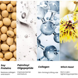 Safrin Skin Care ingredients: soy proteins, palmitoyl oligopeptide, collagen, witch hazel.