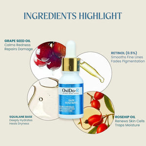 OxiDo-R Retinol Night Serum bottle with key ingredients: grape seed oil, retinol, squalane, rosehip oil.