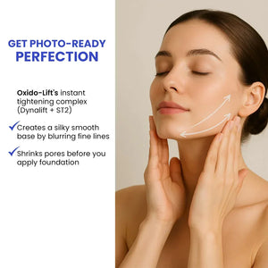 Woman touching face with lifted jawline, promoting Safrin Skin Care Oxido-Lift tightening serum.