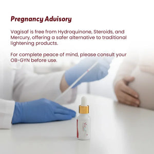 Pregnancy advisory for Safrin Skin Care Vagisaf serum, OB-GYN consultation suggested.