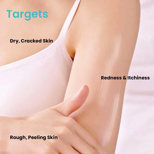 Woman applying skincare product to arm, targeting dry, cracked, rough, and red skin issues