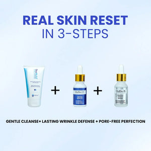 Safrin Skin Care 3-step routine with cleanser, serum, and mineral vitamin serum for healthy skin.