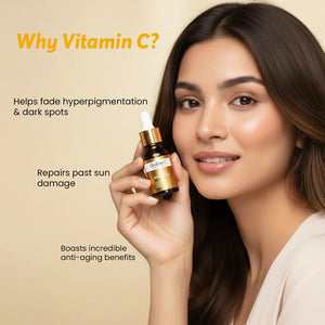 Woman holding Safrin Skin Care OxiDo-C vitamin C serum, highlighting skincare benefits like fading hyperpigmentation and anti-aging.
