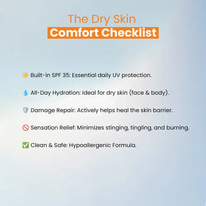 Dry skin comfort checklist with SPF 35, hydration, repair, sensitive skin relief, and hypoallergenic formula by Safrin Skin Care.