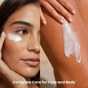 Woman applying Safrin Skin Care moisturizer to face and leg for complete skin care
