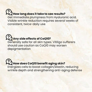 Safrin Skin Care FAQ graphic about hyaluronic acid and CoQ10 benefits, side effects, and results.