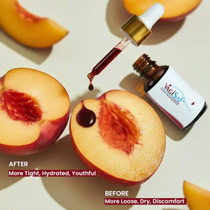 Safrin Skin Care serum dropper with peach halves, highlighting hydration and youthful skin benefits.