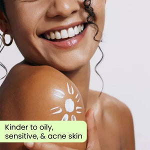 Smiling woman with sun-shaped cream on shoulder, highlighting skincare for oily, sensitive, acne-prone skin.