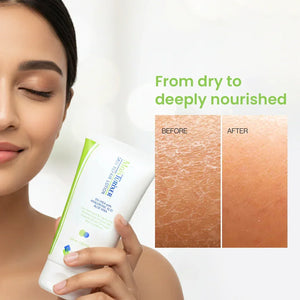 Woman holding Safrin Skin Care moisturizer, dry to nourished skin before and after results.
