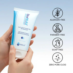 Hand holding Safrin Dermaxil facial wash, allergen-free, paraben-free, soap-free, zero pore clog