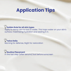 Safrin Skin Care application tips guide on a creamy textured background, featuring hydration advice for all skin types.