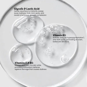 Clear serum drops with text highlighting Glycolic, Lactic Acid, Vitamins E, B3, B5 benefits for skin care.