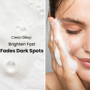 Woman washing face with foaming cleanser, text highlights deep clean and fades dark spots by Safrin Skin Care.
