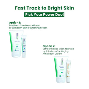 Safrin Skin Care image showing Safriderm Face Wash with Skin Brightening Cream and Antiaging Cream power duos for brighter skin.