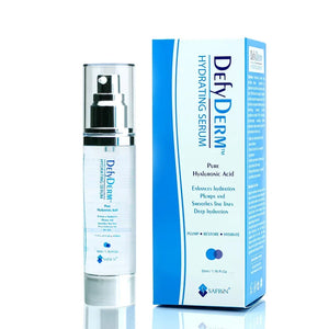 Safrin Defyderm Hydrating Serum with hyaluronic acid bottle and box for skin care
