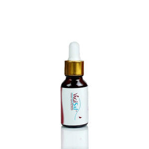 Safrin Skin Care serum bottle with dropper, white label, gold cap, on white background