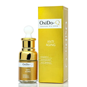 OxiDo-Q anti-aging Coenzyme Q10 serum bottle and gold box from Safrin Skin Care