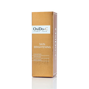 OxiDo-C Vitamin C Serum box for skin brightening by Safrin Skin Care, upright on white background.