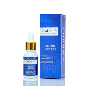 OxiDo-lift Instant Skin Lift Serum by Safrin Skin Care with dropper bottle and blue box packaging.