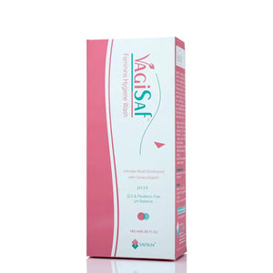 VagiSAF feminine hygiene wash box by Safrin Skin Care, 180ml, pH balanced, SLS & paraben free.