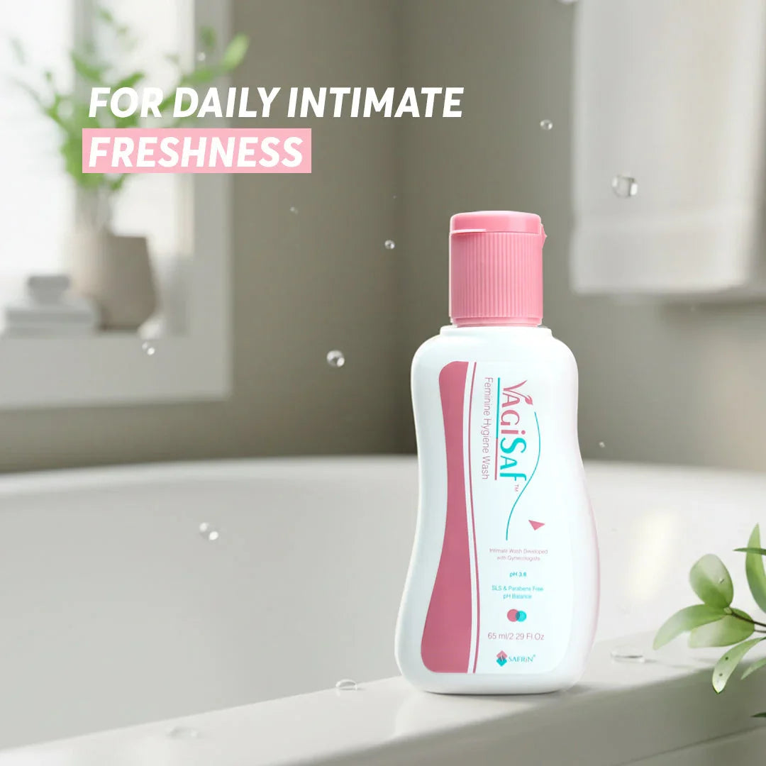 VagiSaf feminine hygiene wash by Safrin Skin Care on bathroom tub promoting daily freshness