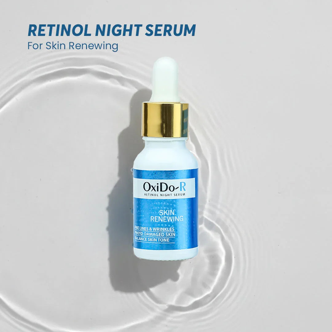 OxiDo-R Retinol Night Serum bottle with blue label for skin renewing by Safrin Skin Care