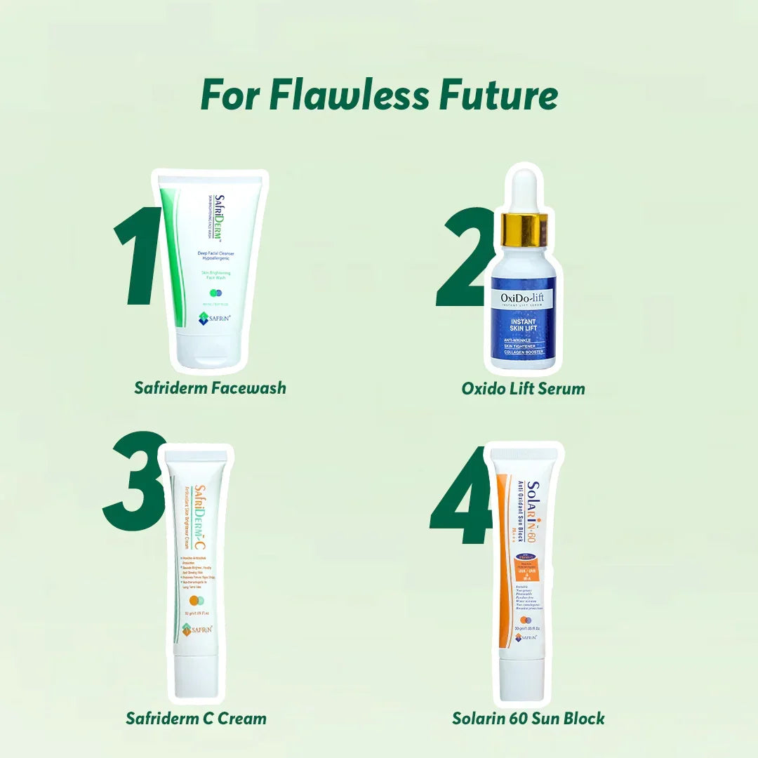 Safrin Skin Care products set including Safriderm Facewash, Oxido Lift Serum, C Cream, Sun Block